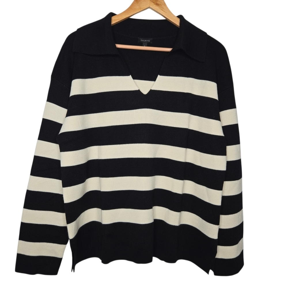 Talbots Womens Black Striped Milano Stitch Wool Blend Johnny Collar Sweater XL